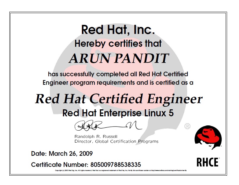 Arun Pandit Red Hat Certified Engineer RHCE March 26th 2009 Arun Pandit Red Hat Certified Engineer RHCE March 26th 2009