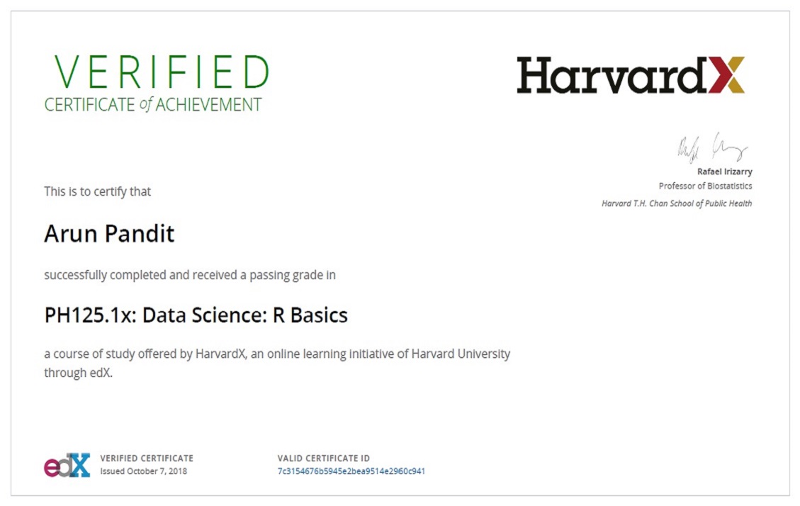 R Basics : Certificate of Achievement from HarvardX | Arun Pandit : The ...