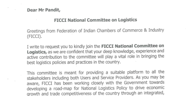 Arun Pandit Invited to be a member of FICCI National Committee on Logistics FICCI National Committee on Logistics invite to Arun Pandit