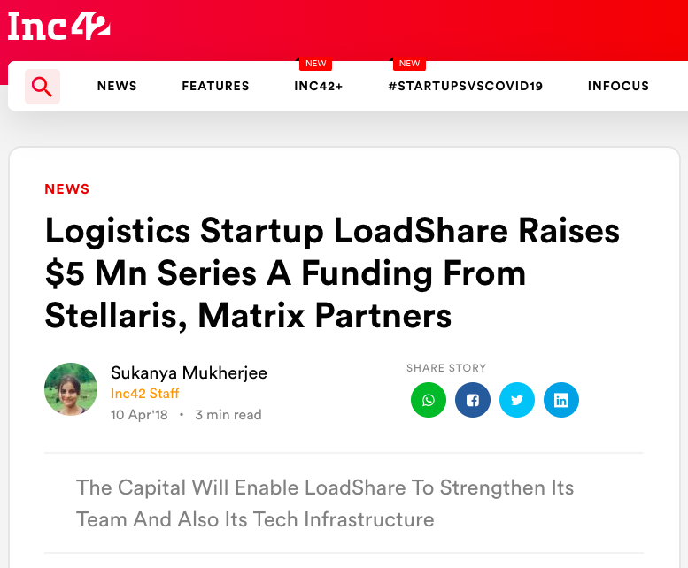Logistics Startup Loadshare Networks raises Rs 100 Cr in Series B Funding Loadshare Network Series B Funding Inc42 Media Coverage