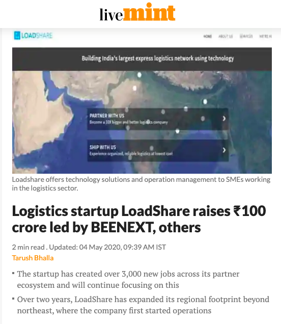 Logistics Startup Loadshare Networks raises Rs 100 Cr in Series B Funding Series B Funding Mint Media Coverage