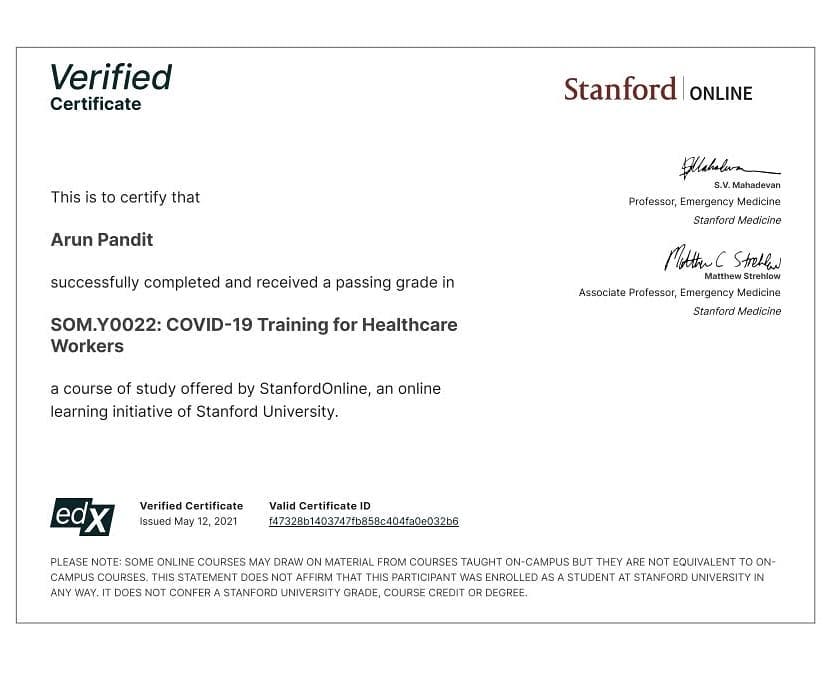 The Journey & Lessons from my Father's Lost Battle with COVID-19 Arun Pandit Standford Certificate Covid 19 for Healthcare workers