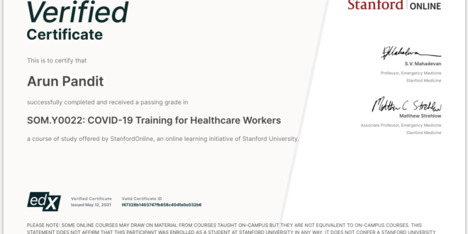 Stanford Online Covid19 Certification Arun Pandit Standord Online certification for Covid 19 Corona