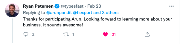  Meeting Ryan Petersen Founder of Flexport Ryan Peterson Tweet comment to Arun Pandit Hyphen scs