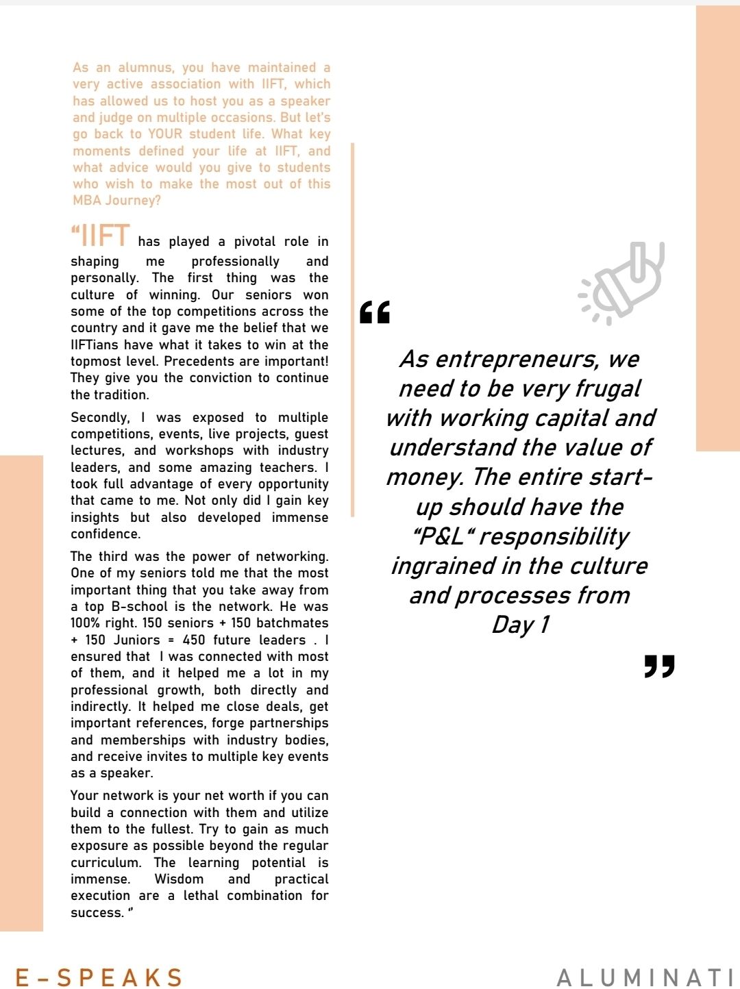Interview  published : Entrepreneurs Speak  - Aluminati Magazine IIFT 
